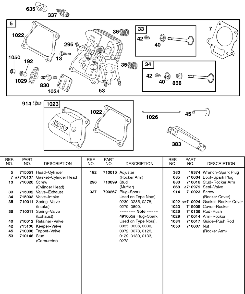Cylinder Head, Valves Diagram and Parts List for 85432-0235-A1  Briggs and Stratton Engine